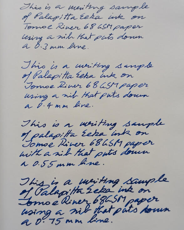 A writing sample of Palapitta Eeka on Tomoe River 68 GSM paper in different line widths